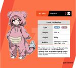  1girl :3 animal_ear_hood artist_name character_name character_profile commentary deviantart_logo deviantart_username drawstring english_commentary english_text hand_on_own_hip height hood hood_up kigurumi onesie orange_background personification pink_eyes pink_hair pokedex_number pokemon pokemon_sword_and_shield slowbro smug tail taruyamame venus_symbol watermark weight 