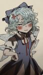  1girl anger_vein angry blue_bow blue_dress blue_hair blush bow cirno collared_shirt commentary_request detached_wings dress hair_bow hands_on_own_hips highres ice ice_wings igarashi_yuusuke_(wabisabi_buriki) loose_neck_ribbon messy_hair neck_ribbon open_mouth pinafore_dress puffy_short_sleeves puffy_sleeves ribbon shirt short_hair short_sleeves sleeveless sleeveless_dress solo touhou white_shirt wings 
