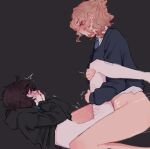  2girls black_background black_hoodie black_sweater blood blush bottomless brown_hair closed_eyes collared_shirt commentary covering_own_mouth ear_blush earrings english_commentary glasses green_eyes grey_necktie highres hood hoodie jewelry multiple_girls necktie nosebleed original pockiseisont pussy_juice scar self-harm_scar shirt simple_background stud_earrings sweater tribadism white_shirt yuri 