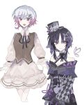  2girls bare_shoulders black_gloves black_hair black_hat black_kimono bow brown_vest butterfly_hair_ornament butterfly_hat_ornament butterfly_print_kimono checkered_sleeves closed_mouth collared_dress commentary_request dress fang flower frilled_sleeves frills furisode gloves gradient_hair hair_ornament hat hat_flower hat_ornament highres housho_margo japanese_clothes kimono lolita_fashion long_sleeves looking_at_viewer mahou_shoujo_no_majo_saiban mini_hat mini_top_hat multicolored_hair multiple_girls neck_ribbon off-shoulder_dress off_shoulder official_alternate_costume open_mouth pink_eyes pink_hair purple_eyes r0_s12 ribbon sakuraba_ema short_hair simple_background top_hat treasure_cafe vest wa_lolita white_background white_dress white_hair wide_sleeves x_hair_ornament 