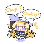  1girl black_bow black_gloves blonde_hair bow chibi chibi_only commentary_request dress english_text full_body gloves hair_bow hair_ornament hand_on_own_cheek hand_on_own_face hand_up hat highres long_hair looking_at_viewer open_mouth phoebe_(wuthering_waves) purple_eyes simple_background skirt smile solo speech_bubble standing striped_bow syurikenmaru very_long_hair white_background white_dress white_hat wuthering_waves x_hair_ornament 
