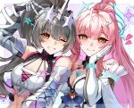  2girls absurdres aemeath_(wuthering_waves) ahoge arm_up bare_shoulders blush border breasts cleavage closed_mouth commentary_request elbow_gloves gloves grey_hair grin hair_ornament hand_on_own_face heart highres kuro_games long_hair looking_at_viewer mechanical_hands medium_breasts mole mole_on_shoulder multiple_girls nanami:_startrail_(pgr) nanami_(pgr) official_alternate_costume one_eye_closed orange_eyes pink_hair ponytail punishing:_gray_raven purple_background single_mechanical_horn smile star-shaped_pupils star_(symbol) symbol-shaped_pupils tacet_mark_(wuthering_waves) toi_pngr upper_body v white_border white_gloves wuthering_waves 