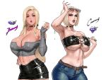  2girls asa_(teng_zi) blonde_hair blue_eyes blush borrowed_character breasts brittany_(fellatrix) cleavage commentary courtney_(fellatrix) covered_nipples crop_top dark-skinned_female dark_skin english_commentary fingernails gyaru highres jewelry large_breasts lips long_fingernails long_hair looking_at_viewer mature_female multiple_girls navel open_mouth original piercing short_hair simple_background tan white_background 