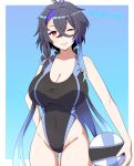  1girl artist_name azur_lane ball bare_shoulders border breasts commentary_request competition_swimsuit eyeshadow foch_(azur_lane) highres holding large_breasts long_hair looking_at_viewer makeup multicolored_hair one-piece_swimsuit one_eye_closed red_eyes shanghai_kani simple_background smile solo swimsuit thighs volleyball_(object) white_border 