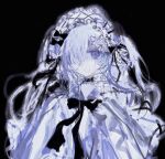  1girl :d akama_chlorine black_background commentary_request crying crying_with_eyes_open dress frilled_hairband frills hair_over_one_eye hairband highres lolita_hairband long_hair long_sleeves looking_at_viewer mahou_shoujo_no_majo_saiban minna_de_zutto_shiawase_ni_kazoku_de_issho_ni_tanoshii_party_wo natsume_an-an official_alternate_costume one_eye_covered open_mouth purple_eyes simple_background sleeves_past_fingers sleeves_past_wrists smile solo spoilers straight-on tears upper_body white_dress white_hair white_hairband wide_sleeves 
