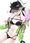  1girl absurdres bare_shoulders baseball_cap bikini black_bikini black_hands black_hat blush body_markings breasts choker cleavage collarbone colored_extremities commentary crossed_bangs demon_girl demon_horns fate/grand_order fate_(series) green_eyes green_jacket grey_hair hair_between_eyes hat highres horns jacket lilith_(fate) lilith_(swimsuit_rider)_(first_ascension)_(fate) long_hair long_sleeves looking_at_viewer medium_breasts multicolored_jacket navel nigori_(keydoor) off_shoulder one_eye_closed open_mouth pink_jacket pointy_ears ponytail smile solo stomach_tattoo swimsuit tattoo two-tone_jacket zipper 