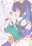  2girls animal_ears blue_eyes blush cho_kaguya-hime! closed_mouth colored_inner_hair commentary detached_sleeves egasumi fox_ears fox_girl fox_tail green_eyes highres hug long_hair long_sleeves looking_at_viewer megumi_kei multicolored_hair multiple_girls pink_hair ponytail runami_yachiyo runami_yachiyo_(fanatic_omatsuri_girl) runami_yachiyo_(tsukuyomi) sakayori_iroha sakayori_iroha_(fanatic_omatsuri_girl) sakayori_iroha_(tsukuyomi) tail white_hair yuri 
