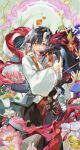  1girl animal animalization arknights black_hair chinese_commentary commentary_request cowboy_shot dragon dragon_girl dragon_horns earrings eastern_dragon eastern_dragon_horns floral_background flower highres horns jewelry jie_(arknights) leaf long_sleeves open_mouth orange_flower petals pink_flower plant pointy_ears short_hair smile standing wide_sleeves yu_(arknights) yuzi_shao_xian_cao 