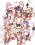  6+girls :3 :d ;) ^_^ antenna_hair arm_up bare_arms black_hair blonde_hair blue_eyes blue_hair brown_eyes brown_hair closed_eyes commentary crossed_bangs curtained_hair eiai_nano facing_viewer fingerless_gloves from_above glasses gloves green_eyes hair_between_eyes hair_over_eyes hanazono_hahari hanazono_hakari haraga_kurumi highres idol_clothes iin_chiyo inda_karane index_finger_raised kakure_meme kimi_no_koto_ga_dai_dai_dai_dai_daisuki_na_100-nin_no_kanojo light_blush long_bangs long_hair looking_up meido_mei multiple_girls one_eye_closed open_mouth orange_eyes pink_hair ponytail red_eyes red_hair rentarou_family sasarasa short_hair simple_background smile sutou_iku twintails utsukushisugi_mimimi white_background white_hair wristband yakuzen_kusuri yoshimoto_shizuka 