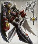  1girl angel_wings armor ball_and_chain_(weapon) blonde_hair chain chain_leash commentary d3dsignal feathered_wings gem gloves helmet highres holding holding_sword holding_weapon horns leaning_back leash leggings original pauldrons red_leggings sabaton short_hair shoulder_armor silver_ring spiked_ball_and_chain sword thighhighs untranslatable_commentary weapon wings yellow_gem 