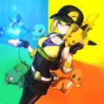  1girl bag baseball_cap belt black_belt black_choker black_gloves black_hat black_pantyhose black_shirt black_shorts blonde_hair blue_background breasts bulbasaur cellphone charmander choker cleavage commentary_request cowboy_shot cropped_jacket dutch_angle female_protagonist_(pokemon_go) fingerless_gloves fire flame-tipped_tail gloves green_background green_eyes hands_up hat highres holding holding_phone jacket jun_(navigavi) long_hair long_sleeves looking_at_viewer making-of_available medium_breasts orange_background pantyhose phone pikachu poke_ball_symbol pokemon pokemon_(creature) pokemon_go ponytail shirt shorts shoulder_bag sidelocks smartphone squirtle standing starter_pokemon_trio tail two-tone_belt variant_set white_belt yellow_background yellow_jacket zipper 