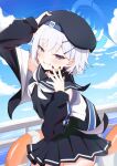  1girl beret black_choker black_hat black_jacket black_nails black_sailor_collar black_skirt blue_archive blue_eyes blue_halo choker commentary_request fuyuka_natsuki halo hat highres jacket looking_at_viewer neckerchief pleated_skirt sailor sailor_collar skirt sleeveless smile solo sumika_(blue_archive) white_background white_neckerchief 