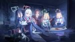  5girls absurdres animal_ear_headphones animal_ears aris_(blue_archive) black_hair black_hairband black_thighhighs blonde_hair blue_archive blue_halo blue_necktie cat_ear_headphones cat_ears chinese_commentary commentary_request computer controller couch fake_animal_ears forehead game_controller game_development_department_(blue_archive) green_eyes green_halo hair_between_eyes hairband halo headphones highres holding holding_controller holding_game_controller hui_mou indian_style indoors kei_(blue_archive) kei_(student)_(blue_archive) laptop long_hair long_hair_between_eyes long_sleeves low-tied_sidelocks medium_hair midori_(blue_archive) momoi_(blue_archive) multiple_girls necktie night on_couch open_mouth orange_halo pink_eyes pink_halo rectangular_halo red_hair shirt siblings sidelocks sisters sitting thighhighs twins wariza white_hair white_shirt yuzu_(blue_archive) 