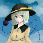  1girl black_hat blue_sky bow buttons chinese_commentary closed_mouth cloud collared_shirt commentary_request day diamond_button disembodied_linked_eye eyeball frilled_shirt_collar frills green_eyes green_hair hat hat_bow heart heart_of_string kirisilence komeiji_koishi looking_at_viewer shirt short_hair signature sky smile solo touhou yellow_bow yellow_shirt 