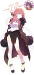  1girl absurdres anklet aru_(blue_archive) black_shoes black_skirt blue_archive blunt_bangs blush coat coat_on_shoulders collared_shirt commentary_request demon_horns dress_shirt full_body fur-trimmed_coat fur_trim gloves halo highres horns jewelry long_hair looking_at_viewer neck_ribbon red_eyes red_hair red_halo red_ribbon ribbon shirt shoes side_slit sidelocks simple_background skirt smile solo standing watermark white_background white_gloves white_shirt xuezai 