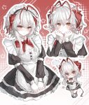  1girl antenna_hair apron arknights bow breasts cleavage commentary_request cross-shaped_pupils demon_girl demon_horns glasses grey_hair highres horns kure_0804 long_sleeves looking_at_viewer maid maid_apron maid_headdress multiple_views red_bow red_horns solo star_(symbol) symbol-shaped_pupils tail w_(arknights) white_apron yellow_eyes 