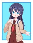  1girl :d absurdres blue_background blue_eyes blue_hair blush border brown_cardigan brown_dress cardigan commentary cowboy_shot dress half_updo hands_up hasu_no_sora_school_uniform highres long_hair long_sleeves looking_at_viewer love_live! love_live!_hasu_no_sora_jogakuin_school_idol_club mole mole_on_neck murano_sayaka neckerchief open_cardigan open_clothes open_mouth outside_border red_neckerchief sailor_collar sailor_dress school_uniform simple_background smile solo todammyy untranslatable_commentary virtual_youtuber white_border white_sailor_collar winter_uniform 