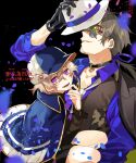  2boys :d age_comparison award_ribbon beard_stubble black_background black_choker black_gloves black_shorts blue_capelet blue_hat blue_petals blue_shirt brown_hair brown_jacket brown_shirt brown_vest capelet choker clock_over_orquesta collarbone collared_capelet collared_shirt commentary_request deerstalker dual_persona facial_hair falling_petals fedora feet_out_of_frame gloves gold_trim gradient-tinted_eyewear hair_between_eyes hand_on_own_chin hand_up hat holding holding_unworn_clothes holding_unworn_hat jacket jacket_on_shoulders kyouichi lapels light_particles long_sleeves looking_at_viewer low_ponytail lower_teeth_only male_focus medium_hair multiple_boys necktie official_artist_extra open_collar parted_lips peaked_lapels pendant_choker petals ponytail profile purple-tinted_eyewear purple_eyes purple_petals purple_rope rope round_eyewear shirt short_hair shorts sideways_glance sleeves_rolled_up smile stubble teeth tinted_eyewear tsuyuri_azuma two-tone_hat unworn_hat unworn_headwear upper_body vest white_hat white_necktie yellow-framed_eyewear yellow-tinted_eyewear 