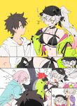  2boys 2girls ? agata720 anger_vein baseball_cap bikini black_bikini black_hair blue_eyes breasts fang fate/grand_order fate_(series) fighting fujimaru_ritsuka_(male) fujimaru_ritsuka_(male)_(summer_street) galahad_(fate) green_eyes green_jacket grey_hair hat highres hood hoodie horns jacket lilith_(fate) lilith_(swimsuit_rider)_(first_ascension)_(fate) long_hair mash_kyrielight mash_kyrielight_(swimsuit_of_perpetual_summer_ver.02) medium_breasts multiple_boys multiple_girls pink_hair pointy_ears ponytail skin_fang swimsuit translation_request unzipping yellow_background zipper 