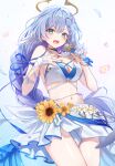  1girl 723/nanahumi aqua_eyes bare_shoulders bikini bikini_skirt blue_choker blue_hair braid breasts choker cleavage commentary_request cowboy_shot flower halo highres holding holding_microphone honkai:_star_rail honkai_(series) large_breasts long_hair looking_at_viewer microphone nail_polish navel open_mouth robin_(honkai:_star_rail) robin_(summeretto)_(honkai:_star_rail) single_braid smile solo stomach sunflower swimsuit very_long_hair white_bikini 