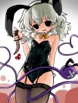  1girl alternate_costume animal_ear_hairband animal_ears black_eyes black_hairband black_leotard blood blood_on_knife blush bow bowtie brown_thighhighs crossed_bandaids detached_collar disembodied_linked_eye empty_eyes eyeball fake_animal_ears garter_straps grey_hair hairband heart heart_of_string heripantomorrow holding holding_knife knife komeiji_koishi leotard looking_at_viewer open_mouth playboy_bunny rabbit_ear_hairband rabbit_ears smile solo strapless strapless_leotard thighhighs touhou white_wrist_cuffs wrist_cuffs yellow_bow yellow_bowtie 