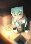  1girl :d absurdres bare_shoulders black_sleeves blue_eyes blush collared_shirt commentary detached_sleeves diamond_(minecraft) diamond_armor double-parted_bangs full_body green_hair grey_shirt hair_between_eyes hatsune_miku helmet highres holding korean_commentary long_hair long_sleeves minecraft minecraft_pickaxe open_mouth orimelon pickaxe shirt sleeveless sleeveless_shirt smile solo twintails vocaloid 