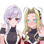  aqua_eyes bare_arms bare_shoulders blonde_hair blush commentary covered_collarbone curtained_hair eiai_nano expressionless fingerless_gloves gloves grey_hair hair_between_eyes hand_up idol_clothes kimi_no_koto_ga_dai_dai_dai_dai_daisuki_na_100-nin_no_kanojo long_hair looking_at_viewer red_eyes simple_background sleeveless smile syuuka617 upper_body utsukushisugi_mimimi watermark waving white_background wristband 