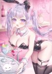  1girl :d animal_ears bare_shoulders bent_over black_bow black_leotard black_thighhighs blush bow bowtie breasts cleavage cocktail_glass collar commentary cup detached_collar drinking_glass fake_animal_ears feet_out_of_frame fingernails full_cleavage hair_bow heart heart_o-ring highres holding holding_tray indoors kneeling kohinata_hoshimi large_breasts leotard long_hair looking_at_viewer o-ring o-ring_thigh_strap open_mouth original pink_bow pink_bowtie playboy_bunny purple_eyes purple_hair rabbit_ears signature smile solo strapless strapless_leotard thigh_strap thighhighs tray twintails very_long_hair white_collar white_wrist_cuffs wrist_cuffs 