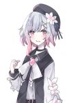  1girl belt beret black_choker black_coat black_hat center_frills choker coat collared_coat commentary_request flower flower-trimmed_sleeves frills gradient_hair hair_flower hair_ornament hat hat_flower hat_ribbon highres long_sleeves looking_at_viewer mahou_shoujo_no_majo_saiban multicolored_hair neck_ribbon nekot1212 pink_eyes pink_hair ribbon sakuraba_ema shirt short_hair simple_background sleeveless sleeveless_coat smile solo white_background white_flower white_hair white_ribbon white_shirt white_sleeves x_hair_ornament 