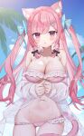  1girl ahoge animal_ears bare_shoulders bikini black_bow blue_bow blue_sky blush bow braid breasts cat_ears cat_girl cat_hair_ornament cat_tail cleavage cloud cloudy_sky collarbone commentary_request day frilled_bikini frills groin hair_bow hair_ornament hairclip heart heart_hair_ornament highres indie_virtual_youtuber large_breasts long_hair long_sleeves looking_at_viewer navel open_mouth outdoors pink_bikini pink_eyes pink_hair pink_tail see-through_clothes see-through_shirt shirt sky solo stomach swimsuit tail tatsuyoshi_(zawahomura) thighs two_side_up virtual_youtuber white_shirt yuuki_sakuna 