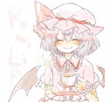  ascot bat_wings blue_hair brooch character_name closed_eyes cup hat hat_ribbon jewelry maru_usagi mob_cap puffy_sleeves red_eyes remilia_scarlet ribbon short_sleeves smile solo teacup touhou wings wrist_cuffs 