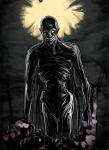  1boy bald bloodborne cloud cloudy_sky commentary_request completely_nude fromsoftware highres horror_(theme) looking_at_viewer maabo_harusame male_focus monster moon night no_lips nude open_mouth orphan_of_kos pointy_ears sky solo solo_focus standing teeth 