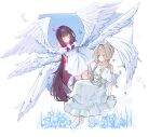  2girls alternate_costume angel_wings black_hair blue_eyes blue_flower bow braid braided_base brown_hair bun_with_braided_base closed_eyes closed_mouth collarbone colored_inner_hair columbina_(genshin_impact) commentary dress feathered_wings flower frilled_dress frills full_body genshin_impact hair_bow hair_bun hair_tubes highres long_hair long_sidelocks low_wings multicolored_hair multiple_girls multiple_wings off-shoulder_dress off_shoulder purple_hair purple_streaks sandrone_(genshin_impact) shoes short_hair_with_long_locks sidelocks single_hair_bun smile streaked_hair two-tone_hair uyuryuyu very_long_hair white_background white_bow white_dress white_shoes white_wings wings 