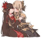  2girls aiguillette belt black_capelet black_coat black_gloves black_hair black_pants black_shirt black_skirt blonde_hair capelet cheek-to-cheek closed_eyes closed_mouth coat collared_shirt commentary crown curtained_hair diamond_hair_ornament epaulettes flower gloves hair_flower hair_ornament hasumi_leia heads_together high_collar hug layered_skirt lkdig long_hair long_skirt long_sleeves mahou_shoujo_no_majo_saiban mini_crown multiple_girls necktie nikaido_hiro overskirt pants plaid_clothes plaid_skirt pleated_skirt red_eyes red_flower red_necktie red_skirt sash shirt short_hair shoulder_sash side_capelet simple_background skirt white_background white_gloves white_shirt yuri 