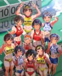  6+girls abs absurdres asics black_hair blue_buruma blue_eyes blue_headband blue_sports_bra breasts buruma closed_eyes clothes_writing commentary_request double_v from_above green_eyes grey_hair grin hachimaki headband highres kilesha large_breasts looking_up medium_breasts multiple_girls muscular muscular_female original race_bib red_buruma red_headband red_sports_bra running_track short_hair small_breasts smile sports_bikini sports_bra sportswear tanlines track_and_field track_uniform two-tone_sports_bra v yellow_eyes yellow_headband yellow_sports_bra 