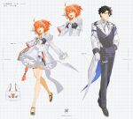  1boy 1girl absurdres ahoge arm_strap asymmetrical_sleeves bag bare_shoulders black_hair black_pants black_vest choker closed_mouth coattails commentary copyright_name corsage curtained_hair dress fate/grand_order fate_(series) frilled_dress frills fujimaru_ritsuka_(female) fujimaru_ritsuka_(male) full_body gloves hair_ornament hairband hand_on_own_hip handbag highres lapel_pin lapels long_sleeves looking_at_viewer mismatched_sleeves notched_lapels off-shoulder_dress off_shoulder official_alternate_costume official_artist_extra open_mouth orange_eyes orange_hair pants reference_sheet shokuen_(oxstl) short_hair sleeve_cuffs sleeve_slit smile smirk tailcoat teeth thigh_strap upper_teeth_only vest white_bag white_dress white_gloves white_hairband wing_hair_ornament 