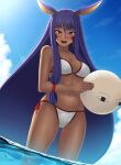  1girl animal_ears ball bare_shoulders beachball bikini blush breasts chuppa_(katotsuba) cleavage commentary_request dark-skinned_female dark_skin earrings facepaint facial_mark fate/grand_order fate_(series) holding holding_ball holding_beachball hoop_earrings jackal_ears jewelry long_hair looking_at_viewer medium_breasts medjed_(fate) navel nitocris_(fate) open_mouth purple_eyes purple_hair red_trim sidelocks smile solo swimsuit thighs very_long_hair white_bikini 