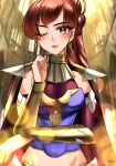  1girl ;) arm_across_waist armor bo_(774berry) breasts brown_eyes cape clenched_hand commentary_request earrings elbow_on_arm finger_to_cheek fire_emblem fire_emblem:_fortune's_weave hand_up highres hoop_earrings jewelry light_smile medium_breasts midriff one_eye_closed pauldrons ponytail red_cape red_hair shoulder_armor smile solo ultand_(fire_emblem) upper_body 