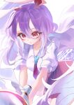  1girl animal_ears calpis118 collared_shirt commentary_request gun hair_between_eyes highres holding holding_gun holding_weapon leaning_forward long_hair looking_at_viewer lunatic_gun necktie open_mouth pink_skirt puffy_short_sleeves puffy_sleeves purple_hair rabbit_ears rabbit_girl red_eyes red_necktie reisen_udongein_inaba shirt short_sleeves skirt solo touhou very_long_hair weapon white_shirt 