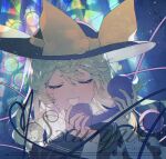  1girl :d black_hat bow chinese_commentary closed_eyes collared_shirt commentary_request disembodied_linked_eye eyeball facing_viewer frilled_shirt_collar frilled_sleeves frills green_hair hat hat_bow highres holding holding_phone komeiji_koishi long_sleeves open_mouth phone sample_watermark shirt smile solo touhou upper_body watermark wide_sleeves xuezai yellow_bow yellow_shirt 