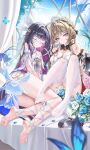  2girls absurdres bare_shoulders black_hair blue_eyes blue_flower blue_rose blurry blurry_foreground breasts brown_hair bug butterfly cleavage closed_eyes columbina_(genshin_impact) feet flower garter_straps genshin_impact hair_intakes highres jndfh large_breasts long_hair multicolored_hair multiple_girls purple_hair rose sandrone_(genshin_impact) small_breasts thighhighs two-tone_hair white_thighhighs 
