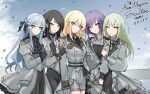  5girls ascot ave_mujica_(bang_dream!) bang_dream! bang_dream!_it's_mygo!!!!! black_ascot black_gloves black_pants black_ribbon blonde_hair blue_eyes blue_hair closed_mouth commentary dated dress epaulettes fingerless_gloves gloves green_hair grey_dress grey_jacket grey_shorts hair_ribbon highres jacket long_hair long_sleeves medium_hair misumi_uika multiple_girls open_mouth pants parted_lips pink_eyes purple_eyes ribbon shorts sidelocks togawa_sakiko wakaba_mutsumi wuwuwu_(kriswu555) yahata_umiri yellow_eyes yuutenji_nyamu 