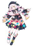  1girl :d absurdres asymmetrical_footwear beret black_hat black_jacket black_pantyhose black_shoes blue_bow bow collared_shirt colored_tips commentary_request contrast_collar footwear_bow green_bow hair_bow hat heterochromia highres jacket jacket_partially_removed jogasaki_noah long_hair long_sleeves looking_at_viewer mahou_shoujo_no_majo_saiban mismatched_footwear multi-tied_hair multicolored_eyes multicolored_hair neck_ribbon off_shoulder open_mouth paintbrush pantyhose polka_dot polka_dot_bow polka_dot_skirt red_bow red_eyes ribbon shirt shoes simple_background skirt sleeve_bow smile solo streaked_hair tm21 white_background white_hair white_shirt white_shoes yellow_bow yellow_eyes 