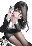  1girl abab_xiaxia absurdres black_hair black_jacket black_nails black_pantyhose black_skirt blush bottle breasts cellphone cleavage closed_mouth collared_shirt commentary_request cosmetics hand_on_own_cheek hand_on_own_face highres holding holding_lipstick_tube holding_phone jacket jewelry kurosawa_saemi_(abab_xiaxia) large_breasts lipstick_tube long_hair long_sleeves looking_at_viewer makeup miniskirt mole mole_under_eye necklace office_lady open_clothes open_jacket original panties panties_under_pantyhose pantyhose pantyshot pencil_skirt perfume_bottle phone purple_eyes ring shirt skirt smartphone smile underwear upskirt white_background white_shirt 