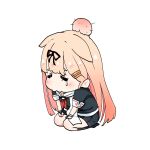  1girl black_gloves black_serafuku black_shirt black_skirt blonde_hair chibi closed_eyes commentary_request dyson_(edaokunnsaikouya) full_body gloves gradient_hair head_bump highres kantai_collection long_hair multicolored_hair neckerchief pleated_skirt red_neckerchief sailor_collar sailor_shirt scarf school_uniform seiza serafuku shirt simple_background sitting skirt solo tears white_background white_scarf yuudachi_(kancolle) yuudachi_kai_ni_(kancolle) 