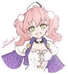  1girl atelier_(series) atelier_escha_&amp;_logy breasts commentary_request dated escha_malier green_eyes hat highres jewelry kevin3rd looking_at_viewer necklace pink_hair signature simple_background smile solo twintails upper_body white_background white_hat 