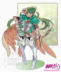  1girl :d alternate_costume arrow_(projectile) boots bow_(weapon) breasts commentary_request cosplay decidueye decidueye_(cosplay) floating_hair flower full_body gloves green_eyes green_hair hair_flower hair_ornament highres holding holding_arrow holding_bow_(weapon) holding_weapon leotard long_hair looking_at_viewer mallow_(pokemon) oomasa_teikoku open_mouth pink_flower pokemon pokemon_sun_and_moon redrawn skin_tight smile solo swept_bangs teeth thigh_boots thighhighs tongue twintails upper_teeth_only watermark weapon white_background white_boots white_gloves white_leotard 