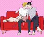  1girl 2boys black_hair blonde_hair chainsaw_man closed_eyes commentary_request couch dated denji_(chainsaw_man) diagonal-striped_background drooling french_kiss half-closed_eyes hayakawa_aki horns kiss lap_pillow makio1313 mouth_drool multiple_boys pink_hair power_(chainsaw_man) red_horns signature sleeping striped_background topknot yaoi 