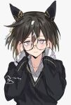  1girl adjusting_eyewear alternate_costume aogisa black_sweater blush brown_hair collared_shirt commentary ear_covers glasses hair_ornament highres looking_at_viewer multicolored_hair pink_eyes shirt short_hair signature simple_background smile solo stay_gold_(umamusume) straight-on streaked_hair sweater umamusume untranslatable_commentary upper_body white_background white_hair white_shirt 