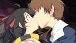  1boy 1girl ahoge black_hair blue_jacket blush brick_wall brown_hair empty_eyes evenicle evenicle_(series) faceless faceless_male from_side game_asset gurigura_(evenicle) hair_ribbon indoors jacket kiss long_hair non-web_source official_art profile red_ribbon ribbon self-datamine shirt short_hair sidelocks surprised twintails visual_novel_cg wide-eyed yaegashi_nan yellow_eyes 